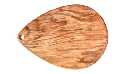 Wooden chopping board in the shape of drop. Kitchen utensils with hook hole. Serving plank. Wood texture. Top view. Watercolor illustration. Object for cooking design. Copy space for text