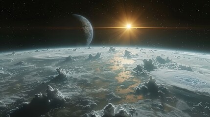 The image shows a beautiful view of a planet from space. The planet is covered in clouds and the sun is shining brightly in the background.