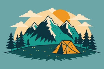 Sketch Camping in nature set, Mountain landscape, vector illustrations