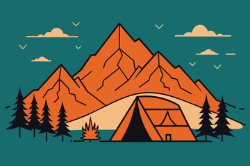 Sketch Camping in nature set, Mountain landscape, vector illustrations