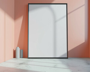 High-end art studio with one large blank poster in a minimalist black frame spotlighted against a soft peach wall for a clean and artistic advertising mockup