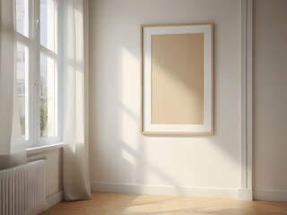 simple minimalist aesthetic frame mockup poster hanging on the wall lit by sunlight.