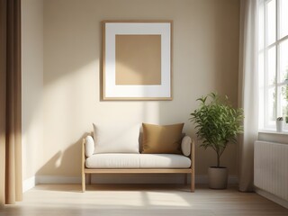 Fototapeta premium simple minimalist aesthetic frame mockup poster hanging on the wall lit by sunlight.