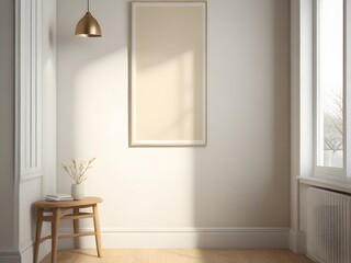 simple minimalist aesthetic frame mockup poster hanging on the wall lit by sunlight.