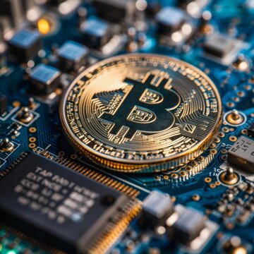 The image shows a close-up of a gold Bitcoin coin on a computer circuit board