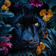 Close-up of a leopard nestled among vibrant flowers in its natural habitat. The leopard has glowing eyes and is partially obscured by the foliage