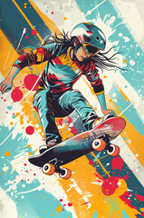 A girl performing a trick on a skateboard. She is wearing a helmet and has paint splatters around her. The background is an abstract mix of colors