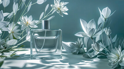 A clear bottle of perfume sits on a table surrounded by white flowers and leaves.