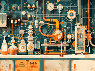 A detailed painting of a science lab filled with various equipment and tools, showcasing a busy and productive environment