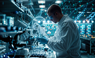 A there is a scientist wearing a white lab coat and protective glasses, working in a laboratory with a microscope, various test tubes and digital representation of a brain