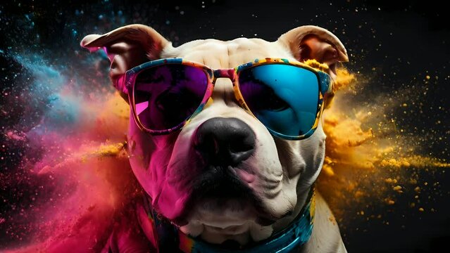 cute pitbull dong wear sunglasses with powder explosion background