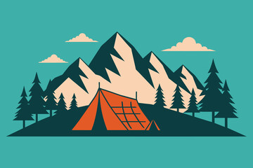 Sketch Camping in nature set, Mountain landscape, vector illustrations