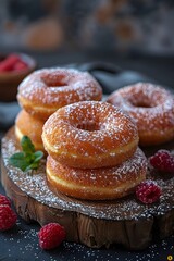 Mouthwatering donuts, sweet delights for any palate, culinary creations dusted with sweet powdered sugar, chocolate, biscuit crumbs, and cream.