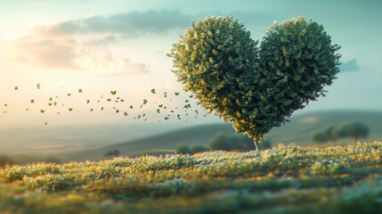 A vibrant heart-shaped tree in a lush field under a sunset sky, symbolizing love and nature's beauty.