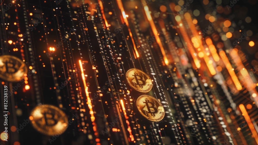 Poster bit coin crypto currency model with market graph banner background