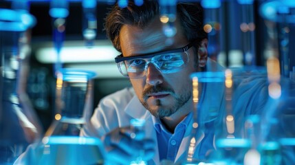 A scientist in safety glasses and a white lab coat looks at a flask with a blue liquid in the laboratory. - Powered by Adobe