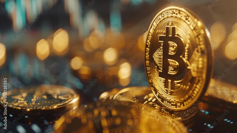 Poster bitcoin gold coin and defocused chart background.