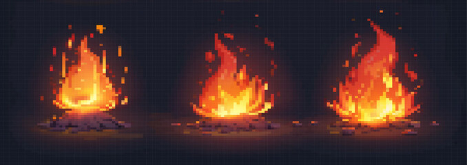 Pixel art fire. Red explosion and bonfire, burning campfire with flame, ignitions and sparks on dark night background. 8 bit pixel video 80s, 90s game vector illustration