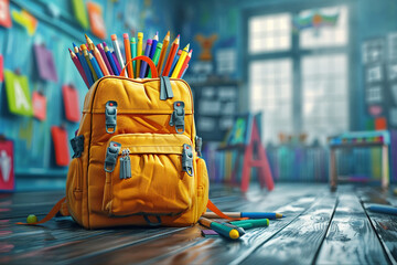 A photorealistic image of a child's backpack overflowing with colorful crayons, markers, and glue sticks on the left side. Copyspace on the right.