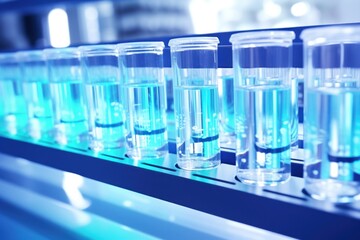 A row of test tubes filled with blue liquid in a laboratory.