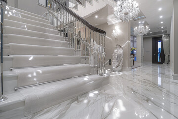 Luxury home foyer with opal white carpeted stairs bordered by a silver filigree banister and a...