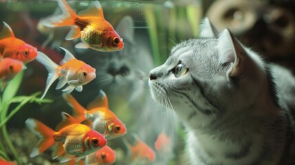 British shorthair silver cat watching goldfish in an aquarium.