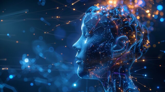 The image shows a glowing blue head of a person with glowing yellow dots around it. The background is dark blue with bright white dots.