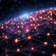 The image shows a glowing network of interconnected nodes and points, representing a decentralized network.