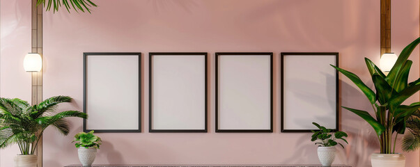 Luxury spa center with four blank posters in tranquil black frames highlighted against a soft pink wall perfect for spa treatment menus or promotional events