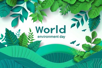 World environment day concept banner with text "5 June World environment day". Green leaves and tree cut out paper effect. World environmental day poster design, earth globe with trees and leaves