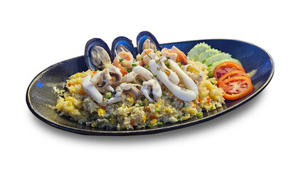 This flavorful seafood fried rice dish, adorned with shrimp, squid, and mussels, complemented by fresh cucumber and tomato slices on a plate