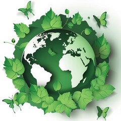 World environment day concept, paper cut green earth with grass and butterfly. Green planet background for poster or banner design. 