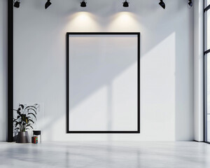Modern architecture studio with one large blank poster in a professional black frame illuminated by spotlights on a white wall for architectural project displays or firm promotions