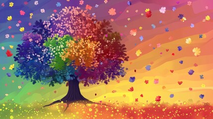 Colorful tree blossoming with flowers in rainbow hues - lgbtq pride celebration concept illustration