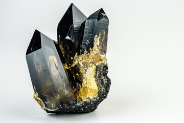 Black crystal with gold flecks. Geological exposition. A smooth dark magic stone
