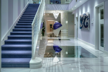 Modern luxury foyer with periwinkle blue carpeted stairs highlighted by a white lacquered railing and a reflective tile floor A sculptural light installation adds a focal point