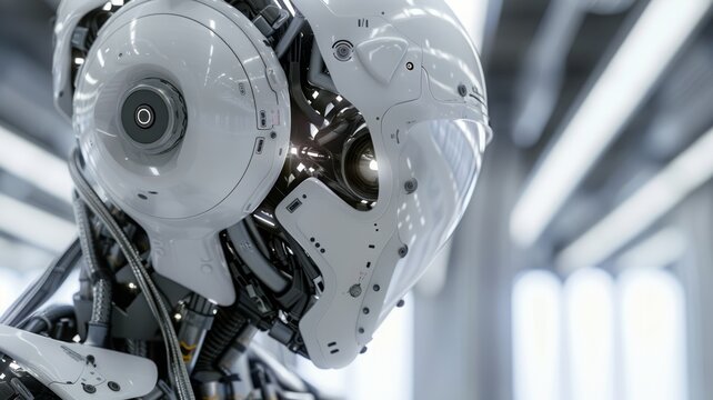 The robot is made of metal and has a camera for an eye. It is looking at the camera. It has a white body.