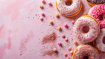 Tempting donuts, satisfying snacks or desserts, culinary marvels garnished with sweet powdered sugar, chocolate, biscuit crumbs, and cream.