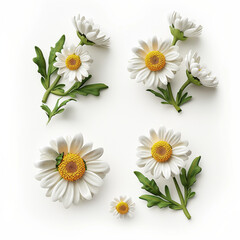 Obraz premium White daisies with green leaves isolated on white background, top view
