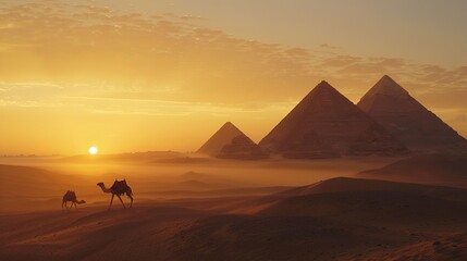 The Pyramids of Giza: A lone camel caravan silhouetted against the pyramids at sunset, the vast desert stretching endlessly.