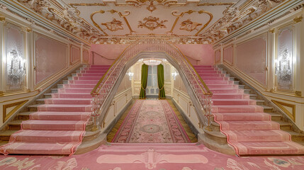 Opulent entrance hall with pastel pink carpeted stairs complemented by a crystal balustrade and a...