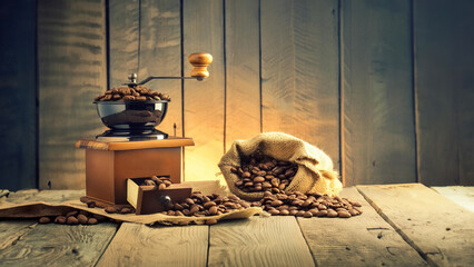 Coffee Beans and Grinder on Table