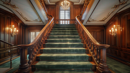 Opulent mansion foyer with sage green carpeted stairs flanked by traditional wood paneling and an...
