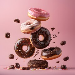 Tempting donuts, satisfying snacks or desserts, culinary marvels garnished with sweet powdered sugar, chocolate, biscuit crumbs, and cream.