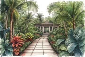 Fototapeta premium A vibrant artist's depiction of a winding path amid lush foliage in a tropical Queensland botanic garden. Australia