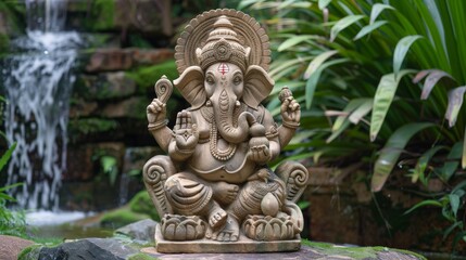 Obraz premium Sandstone sculpture of Ganesha, depicted with his consort, in a tranquil garden setting