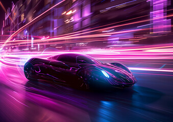 Obraz premium The vehicle of the future glides through the city streets, its lights creating surreal, shimmering lines.