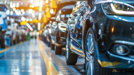 Fototapeta premium Modern Automobile Manufacturing: Close-Up Portrait of Vehicle Chassis on Production Line – Automotive Production, Manufacturing Process, Industrial Engineering