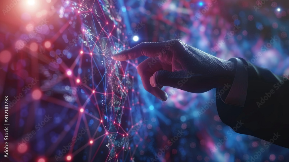 Poster businessman touching multimedia network with his finger 3d rendering