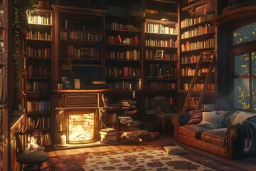 A cozy library with a fireplace and a comfortable couch. Perfect for relaxing and reading a good book.